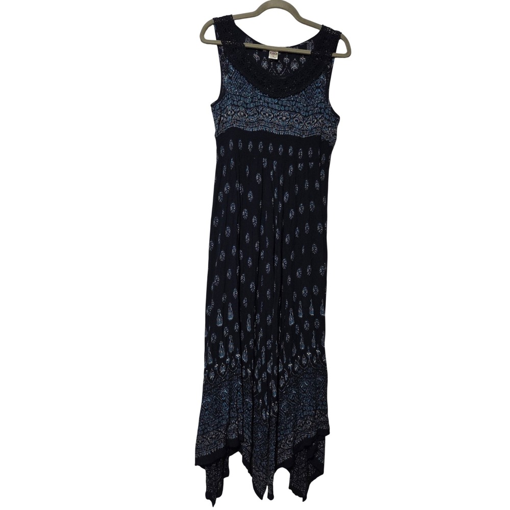 Bila Navy Blue Boho Medallion Print Crochet Lace‎ Smocked Maxi Dress Small Beach